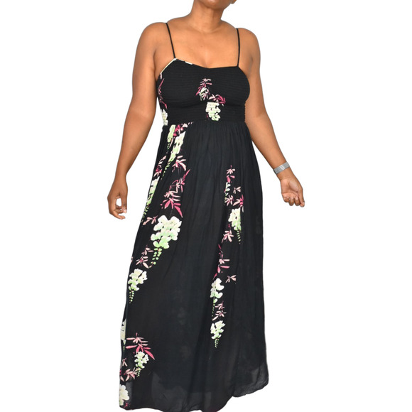 Free People Beau Midi Dress Black Floral Gauzy Smock Slip Sweetheart Sundress XS - Picture 14 of 15